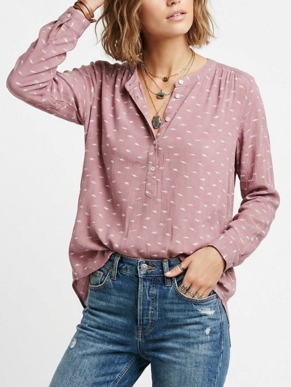 EUC LOFT Mauve Long Sleeve Blouse Large Petite Quarter Button Down Soft Preppy